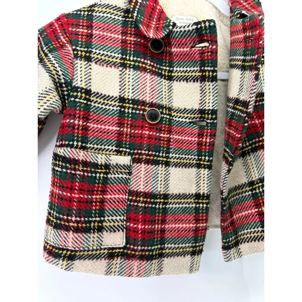 Zara Baby Red Plaid Button Front Pea Coat 9/12 months